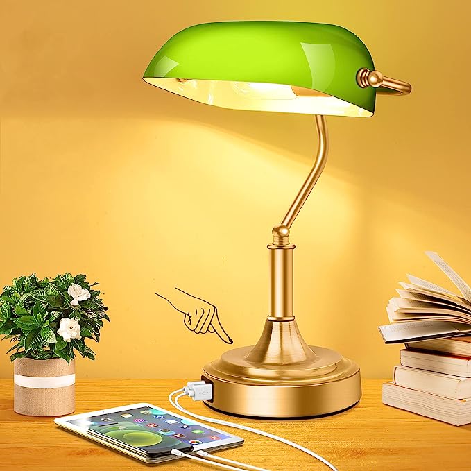 Bankers Lamp with 2 USB Ports, Touch Control Green Glass Desk Lamp with Brass Base, 3-Way Dimmable Vintage Desk Lamp for Home Office Workplace Nightstand Bedroom Library Piano, LED Bulb Included
