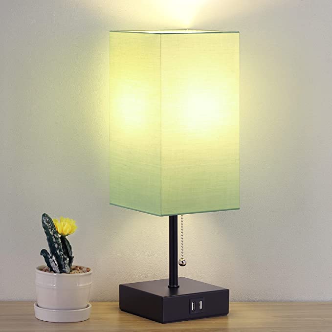 Pull Chain Table Lamp, Bedside Lamps with 2 USB Charging Ports, 2700K LED Bulb, White Linen Lampshade for Living Room, Dorm, Office, Home
